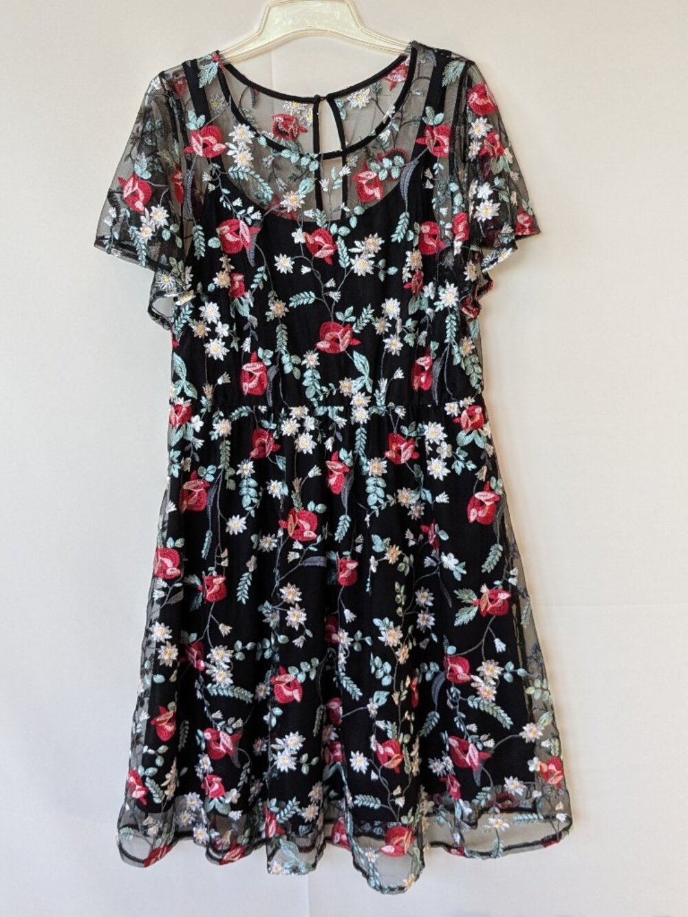 Lane Bryant Floral Embroidered Black Mesh Swing Dress